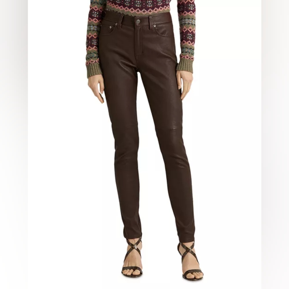 Ralph Lauren Skinny Brown Leather Pants Size 14